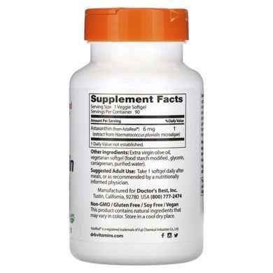 Астаксантин, Astaxanthin With AstaPure, Doctor's Best, 6 мг, 90 вегетаріанських таблеток
