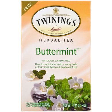 Трав'яний чай, м'ятний льодяник, не містить кофеїн, Twinings, 20 чайних пакетиків, 141 унції (40 г)
