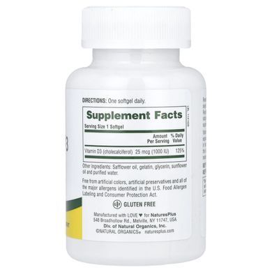 Vitamin D3 Natures Plus 1000 IU 180 gel capsules