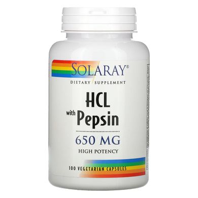 Бетаїн HCL з пепсином, High Potency Betaine HCL with Pepsin, Solaray, 650 мг, 100 вегетаріанських капсул