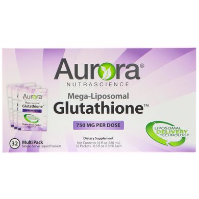 Мега-липосомальный глутатион, Aurora Nutrascience, 750 мг, 32 жидких пакета с одной порцией,15 мл каждая купить в Киеве и Украине