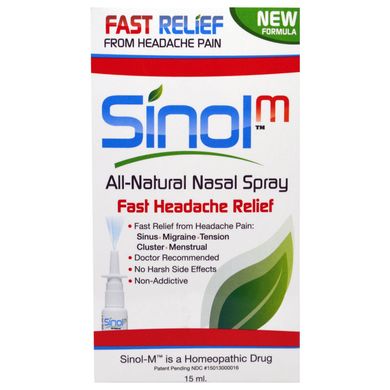 SinolM, повністю натуральний назальний спрей, швидке полегшення головного болю, Sinol, 15 мл