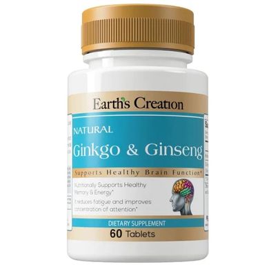 Гінкго білоба та женьшень Earth`s Creation (Ginkgo and Ginseng) 60 таблеток