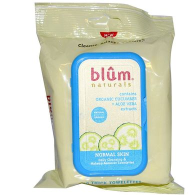 Влажные салфетки для ежедневного очищения и снятия макияжа, для нормальной кожи, огурец + Алоэ Вера, Blum Naturals, 30 шт.