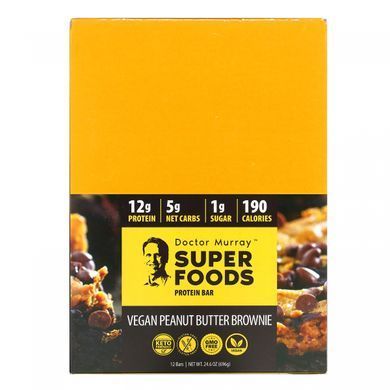 Протеїнові батончики Superfoods, тістечко з арахісовою олією і веганами, Dr. Murray's, 12 батончиків, 2,05 унції (58 г) кожен