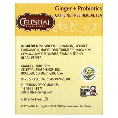 Травяной чай, имбирь + пробиотики, без кофеина, Celestial Seasonings, 20 чайных пакетиков, 1,1 унции (31 г) купить в Киеве и Украине