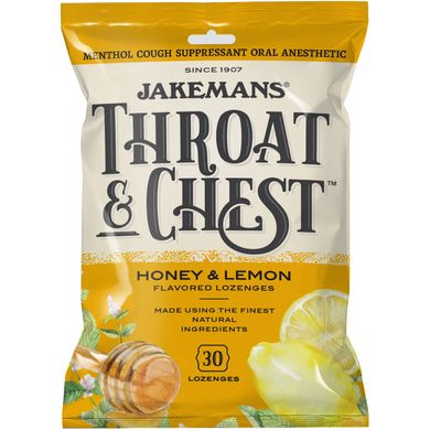 Льодяники від кашлю Throat & Chest зі смаком меду та лимона, Jakemans, 30 льодяників