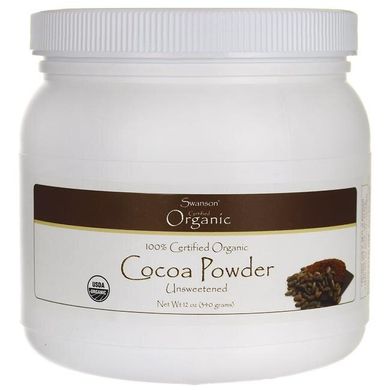100% сертифікований органічний какао-порошок без цукру, 100% Certified Organic Cocoa Powder Unsweetened, Swanson, 340 г