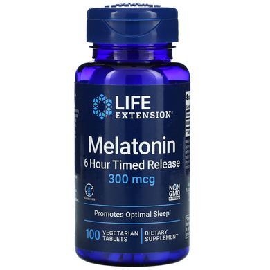 Мелатонін, Melatonin 6 Hour Timed Release, Life Extension, 300 мкг, 100 рослинних таблеток