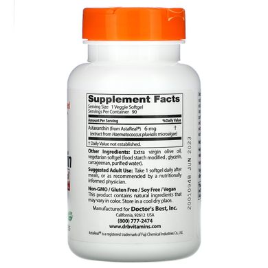Астаксантин, Astaxanthin With AstaPure, Doctor's Best, 6 мг, 90 вегетаріанських таблеток