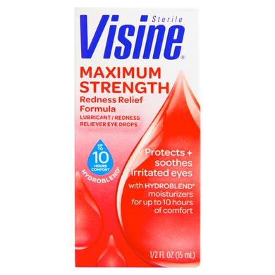 Засіб для змазування, краплі для очей від почервоніння, стерильні, максимальна сила, Visine, 0,5 рід унц (15 мл)