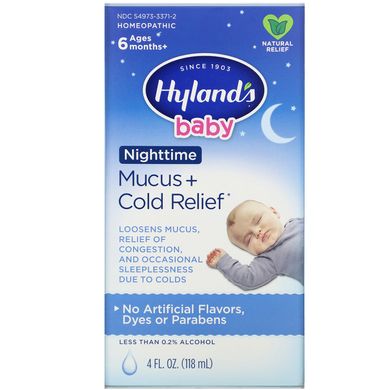 Дитячий препарат від нічного слизу + полегшення застуди, від 6 місяців, Baby, Nighttime Mucus + Cold Relief, Ages 6 Months +, Hyland's, 118 мл