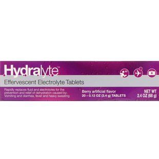 Fizzing electrolyte, artificial berry flavor, Hydralyte, 20 tablets, 2.4 ounces (68 g)