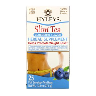 Тонкий чай, со вкусом черники, Slim Tea, Blueberry Flavor, Hyleys Tea, 25 чайных пакетиков в фольговых конвертах, 1,32 унции (37,5 г) купить в Киеве и Украине