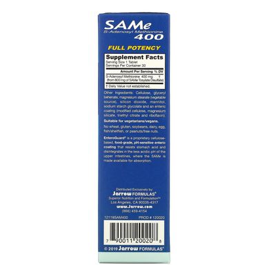 SAM-e 400, SAMe 400 (S-аденозил-L-метіонін), Natural SAMe, Jarrow Formulas, 400 мг, 30 таблеток