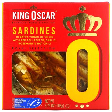 King Oscar, Сардини в оливковій олії першого віджиму з червоним болгарським перцем, часником, розмарином та гострим перцем чилі, 3,75 унції (106 г)