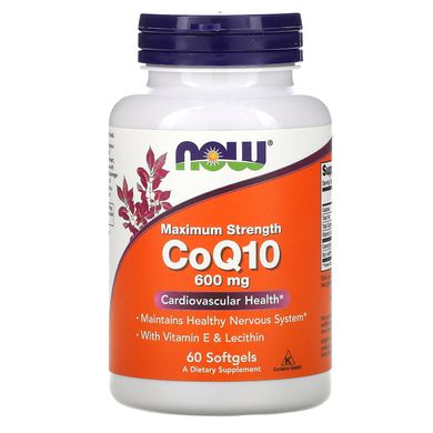 Коензим Q-10 з вітаміном Е і лецитином Now Foods (Maximum Strength CoQ10) 600 мг 60 капсул
