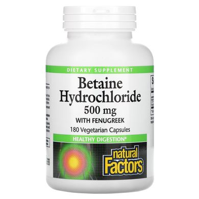 Бетаїн HCL, з пажитника, Natural Factors, 500 мг, 180 рослинних капсул