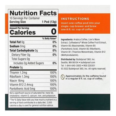 BulletProof, The High Achiever Coffee Pods, Medium Dark Roast, 10 Pods, 0.47 oz (13 g) Each