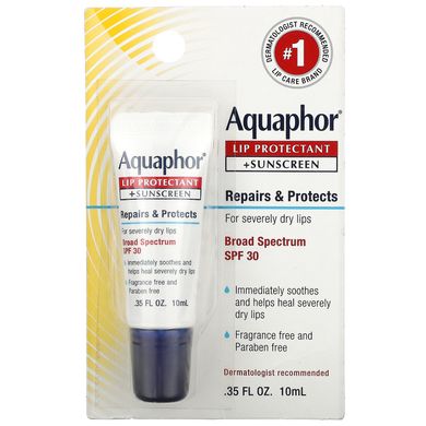 Захисний засіб для губ + сонцезахисний крем SPF30 широкого спектру дії Aquaphor (Lip Protectant + Sunscreen Broad Spectrum SPF 30) 10 мл
