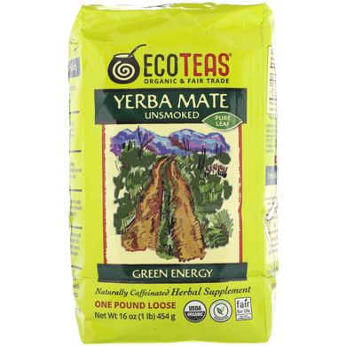 Розсипний чай «Чистий Йєрба Мате», зелена енергія, некопчений, Eco Teas, 16 унцій (454 г)