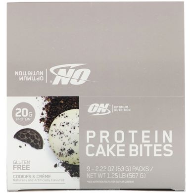 Батончики, печиво і крем з білковим пирогом, Protein Cake Bites, Cookies,Creme, Optimum Nutrition, 9 батончиків по 63 г