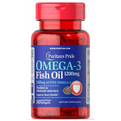 Омега-3 рыбий жир, Omega 3 Fish Oil (360 мг Active Omega-3) Trial Size, Puritan's Pride, 1200 мг, 30 капсул купить в Киеве и Украине