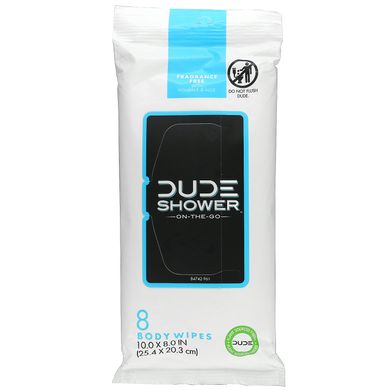 Dude Products, Серветки для душу, на ходу, без запаху, 8 серветок для тіла