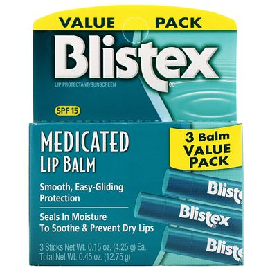 Бальзам для губ з лікувальним дією, Захист губ / Сонцезахисний фільтр SPF15, Blistex, в упаковці 3 бальзаму, 0,15 унції (4,25 г) кожен