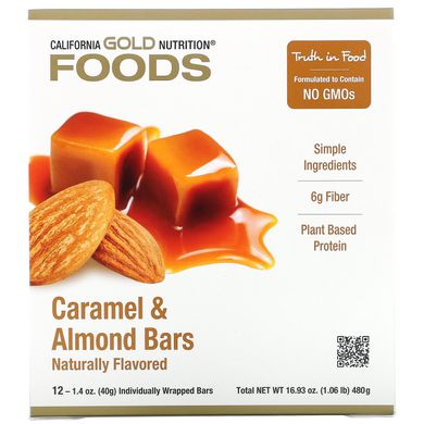 Карамельні та мигдальні батончики California Gold Nutrition (Foods Caramel & Almond Bars) 12 батончиків по 40 г