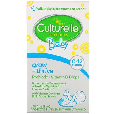 Пробіотики, Baby, Grow + Thrive, пробіотики + краплі вітаміну D, 0-12 місяців, Culturelle, 30 рідких унцій (9 мл)