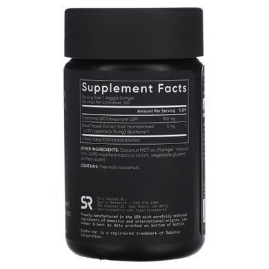 Коензим Q10 с биоперином и кокосовою маслом Sports Research (CoQ10 with BioPerine and Coconut Oil) 120 капсул купить в Киеве и Украине