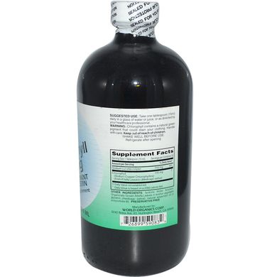Рідкий хлорофіл, з м'ятою і гліцерином, World Organic, 100 мг, 16 рідких унцій (474 ​​мл)