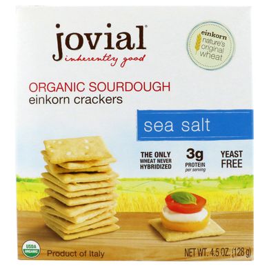 Органічні бездріжджові крекери з морською сіллю з пшениці однозернянки, Jovial, 4,5 унц (128 г)