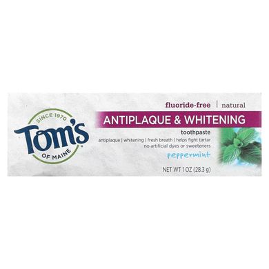 Натуральна зубна паста, що відбілює, проти зубного нальоту без фтору перцева м'ята Tom's of Maine (Natural Antiplaque & Whitening Toothpaste) 28,3 г