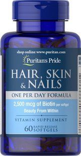 Формула для волос кожи и ногтей по одной капсуле в день Puritan's Pride (Hair Skin & Nails one per day) 2500 мкг биотина 60 капсул купить в Киеве и Украине