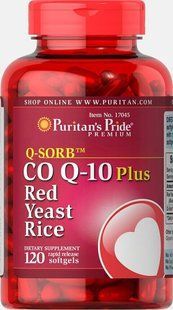 Коэнзим Q-10 Q-SORB &trade;+ красный дрожжевой рис, Q-SORB&trade; Co Q-10 Plus Red Yeast Rice, Puritan's Prideг, 120 капсул купить в Киеве и Украине