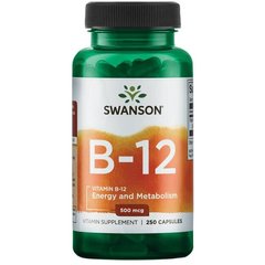 B-12 Цианокобаламин, Vitamin B-12 (Cyanocobalamin), Swanson, 500 мкг, 250 капсул купить в Киеве и Украине