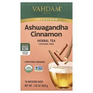 VAHDAM India, Infusions, травяной чай, ашваганда и корица, без кофеина, 18 пакетиков для заваривания, 28,8 г (1,02 унции) купить в Киеве и Украине