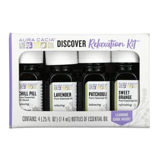 Aura Cacia, Discover Relaxation Kit, эфирные масла, 4 бутылки по 0,25 жидкой унции (7,4 мл) каждая купить в Киеве и Украине