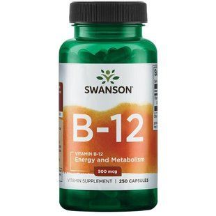B-12 Цианокобаламин, Vitamin B-12 (Cyanocobalamin), Swanson, 500 мкг, 250 капсул
