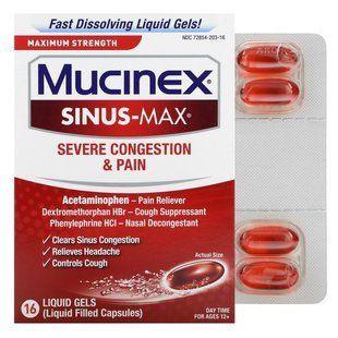 Mucinex, Sinus-Max, сильна конгестия та біль, максимальна сила, для дітей старше 12 років, 16 капсул із рідиною