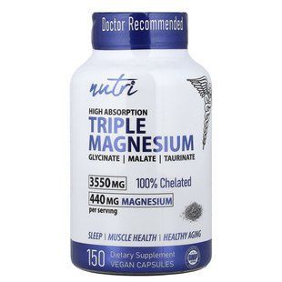 Nature's Fusions, Nutri, Triple Magnesium Glycinate, Malate, Taurinate, High Absorption, 440 mg, 150 Vegan Capsules (110 mg per Capsule) купить в Киеве и Украине