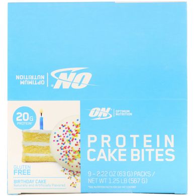 Протеиновые пирожные, день рождения торт, Protein Cake Bites, Birthday Cake, Optimum Nutrition, 9 батончиков по 63 г купить в Киеве и Украине