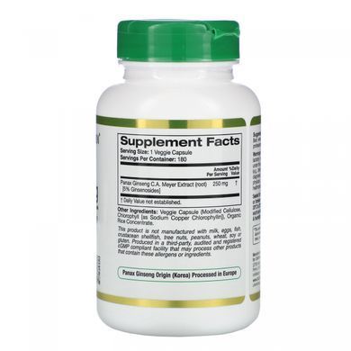 Екстракт женьшеню звичайного California Gold Nutrition (EuroHerbs Panax Ginseng Extract) 250 мг 180 вегетаріанських капсул