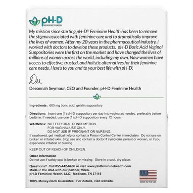 pH-D Feminine Health, Вагинальные свечи с борной кислотой, 600 мг, 24 свечи купить в Киеве и Украине