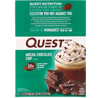 Протеїнові батончики, Quest Protein Bar, мокко шоколадної стружки, Quest Nutrition, 12 батончиків по 60 г