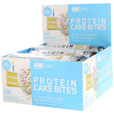 Протеїнові тістечка, день народження торт, Protein Cake Bites, Birthday Cake, Optimum Nutrition, 9 батончиків по 63 г