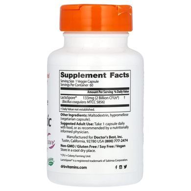 Probiotic for digestive system, Digestive Health Probiotic with Lactospore, Doctors Best, 2 billion CFU, 60 vegetarian capsules.