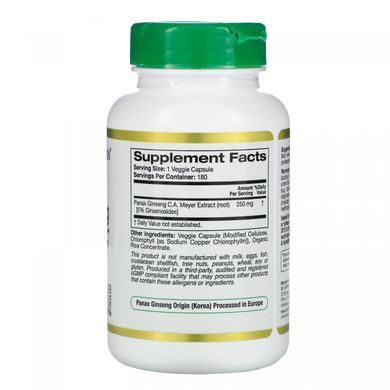 Екстракт женьшеню звичайного California Gold Nutrition (EuroHerbs Panax Ginseng Extract) 250 мг 180 вегетаріанських капсул